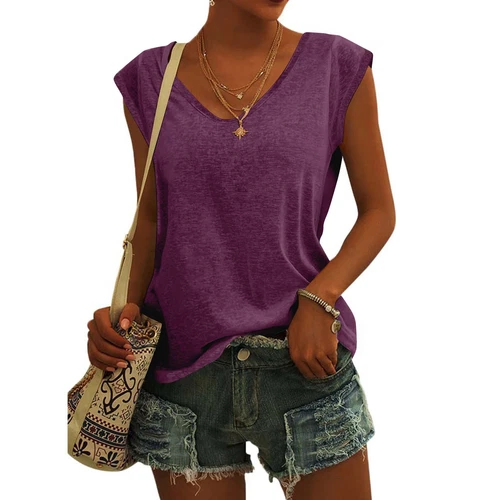 Einfarbige ärmellose Damen-Tanktops V-Ausschnitt lässig locker Sommer T-Shirts Tee - Bild 18 von 73