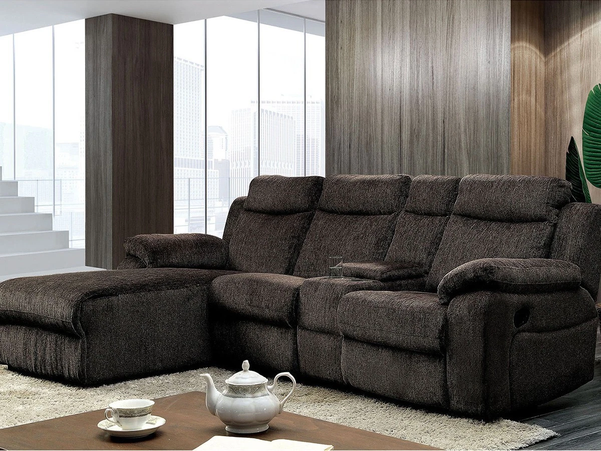 Modern Gray Chenille Fabric Living Room Reclining Sofa Chaise Sectional Set FC0