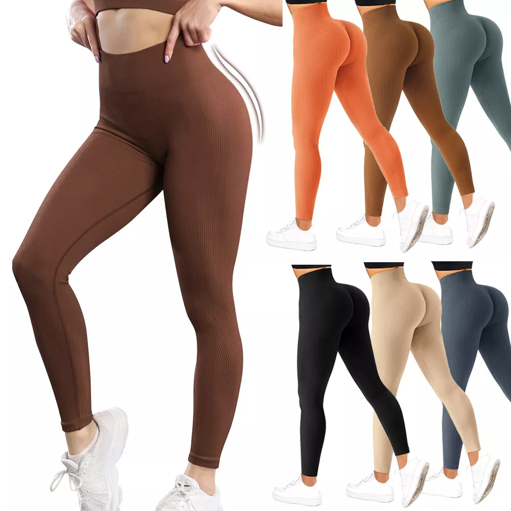 Womens Ladies High Waist Seamless Ribbed Leggings Skinny Stretchy Bottom  Trouser