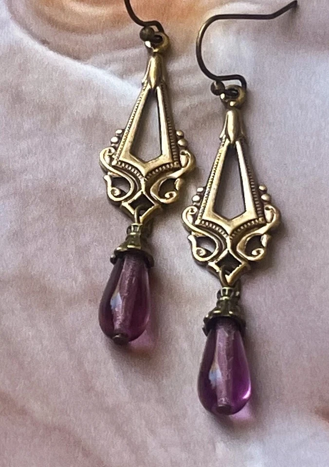 Art Nouveau Earrings Brass Filigrees W/ Antique Amethyst  Czech Glass Drops - Image 3 of 4