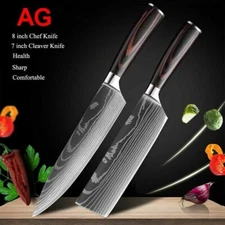 2Pcs Kitchen Knife Set Stainless Steel Japanese Damascus Meat Cleaver Chef Knife