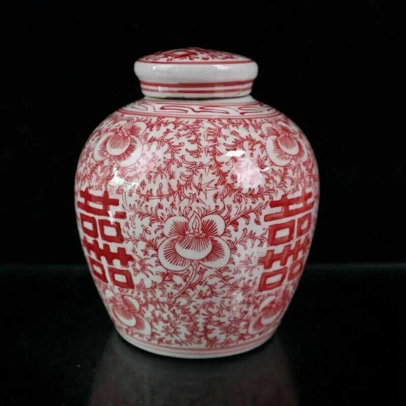 Old Chinese Blue and White Porcelain Double Happiness Pattern Lid Jar Pots Red