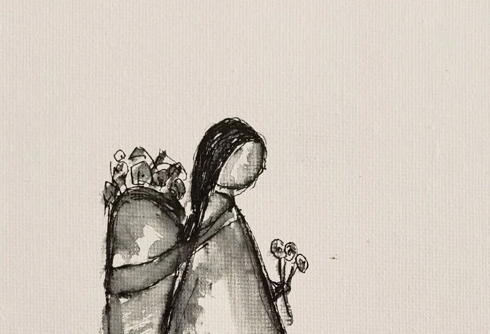 Dibujo a tinta original mini mínimo blanco y negro estilo mexicano de K.A.Davis Foto 3 de 4