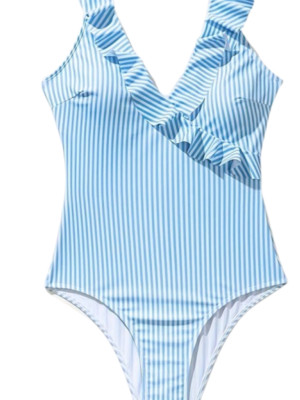 WUNDERSCHÖNER WATTIERTER DAMEN-BADEANZUG MIT RÜSCHENBESATZ BLAU/WEISS GESTREIFT VERSCHIEDENE GRÖSSEN NEU
