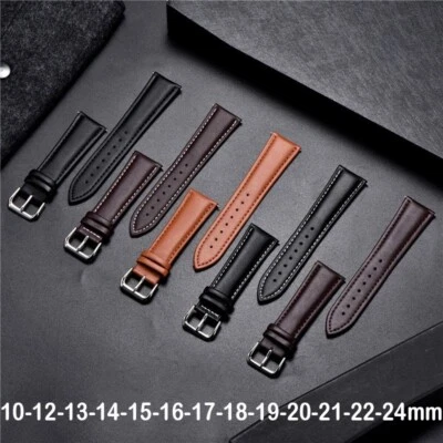 Bracelet de Montre Cuir Noir Marron 10-12-13-14-15-16-17-18-19-20-21-22-24 MM - Photo 1/4