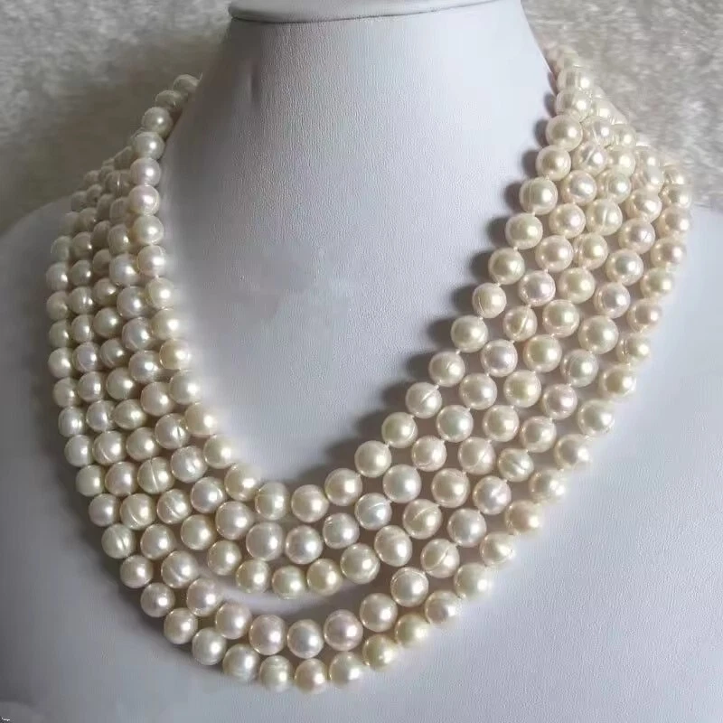 Collar de perlas barrocas blancas naturales 80 pulgadas AAA8-9mm Mar del Sur en oro de 14k Foto 2 de 4