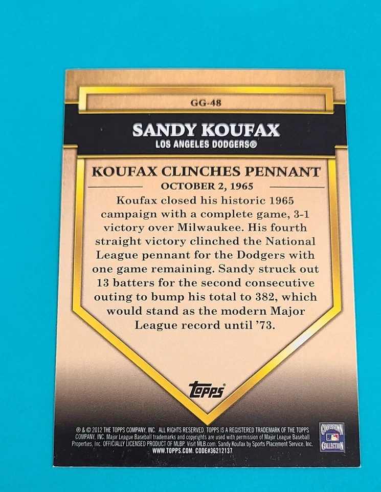 2012 Topps Golden Greats #GG-48 Sandy Koufax Dodgers BASEBALL Card 8A - Image 2 of 2
