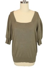 DKNY Puff Sleeve Square Neck Lightweight Pullover Sweater Size L Olive Green NWT