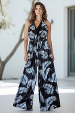White House Black Market Palm Leaf Jumpsuit Womens Small Black ResortWear Chic