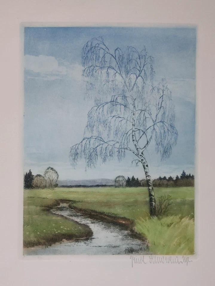 Paul Schwerdtner Farbradierung Baum in Landschaft mit Gewässer (639)