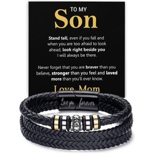 To My Son from Mom Bracelet Braided Leather, Mother and Son Encourage Bday Gift