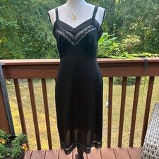 Vintage 1950s Black Full Slip  Sheer Nylon Embroidered Pinup Lingerie