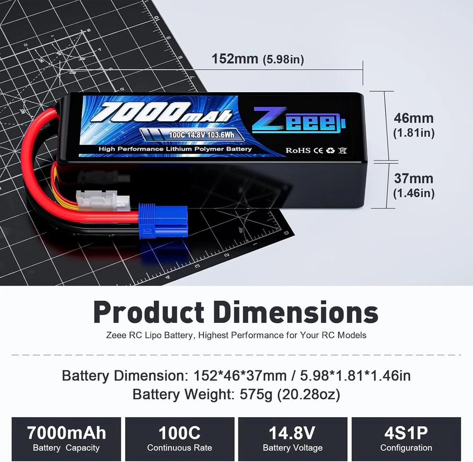4S Lipo Battery 7000mAh 14.8V 100C Soft Case RC Battery with EC5 Connector Co... - Image 3 of 4