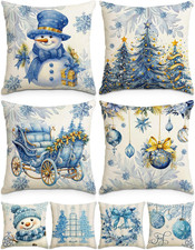 Christmas Pillow Covers 18 18 18 x 18 Pack of 4 , Luxury Blue Gold Snowman