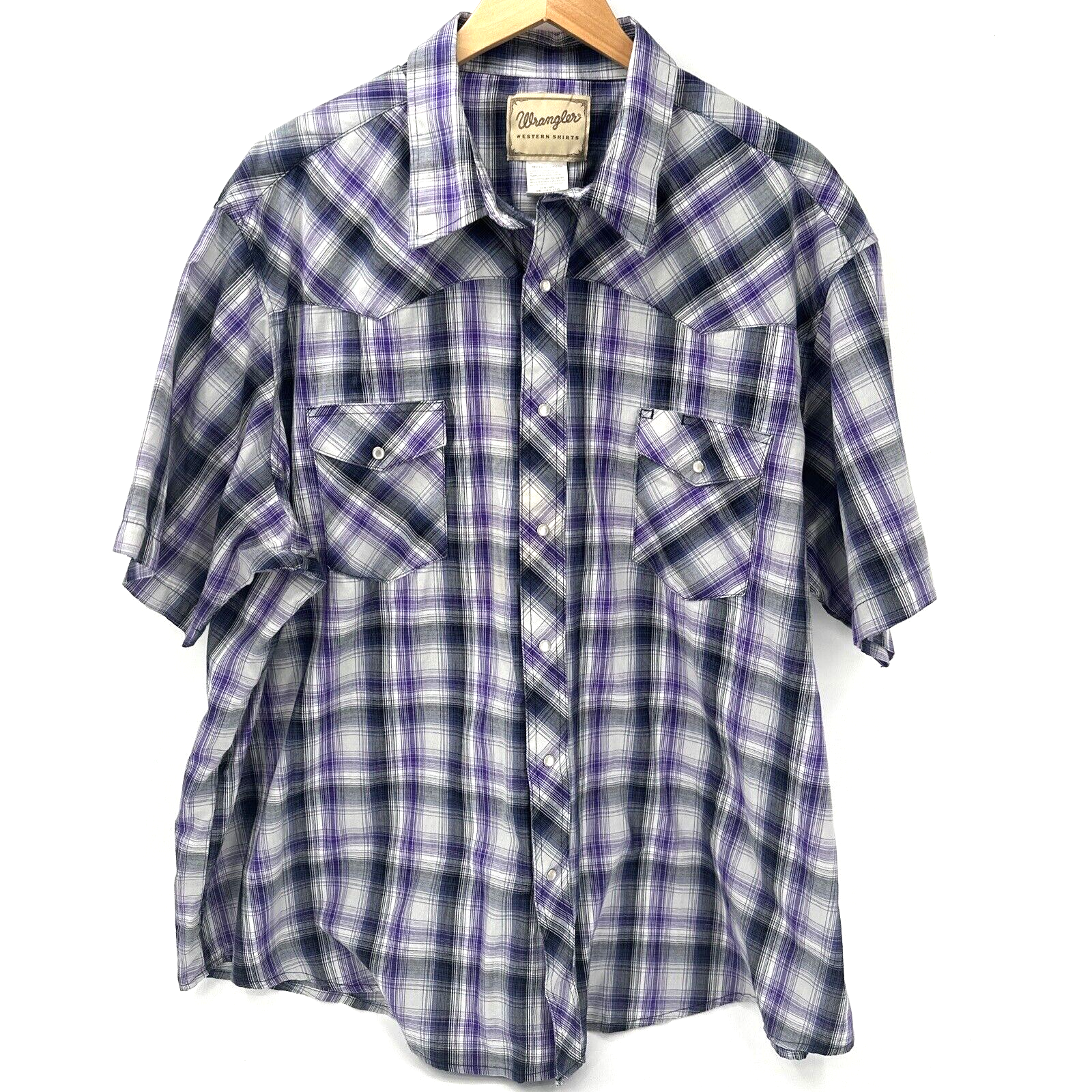 Wrangler Western Shirt Mens 3XL Pearl Snap Short Sleeve Purple Gray Plaid