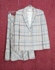 JOHN MEYER 2 Piece Plaid Long Sleeve Collared Button Belted Skirt Suit Women 12