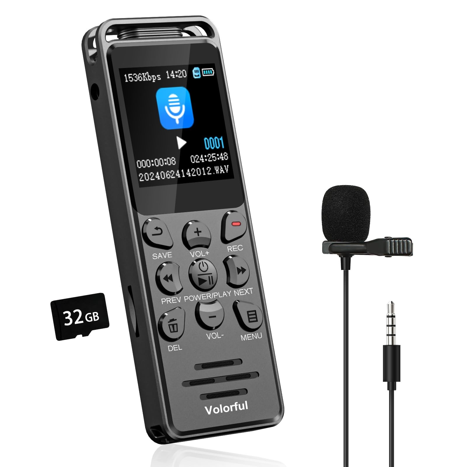 Enregistreur vocal 48GB dictaphone numérique portable autonomie 70h écran LCD