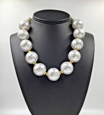 Chunky Crinkled Faux Pearl Necklace Collar Gold Tone Spacers Spring Statement