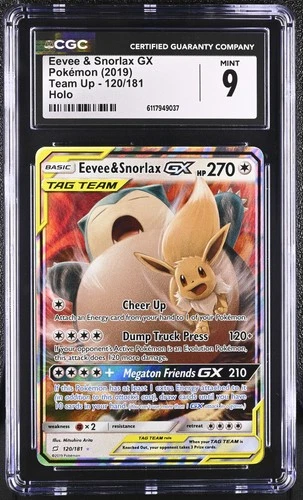 CGC 9 MINT Eevee & Snorlax GX 2019 Team Up 120/181 Holo Pokemon Card