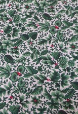 Christmas Green Holly and Berries on White Cotton Fabric Sold by the Yard