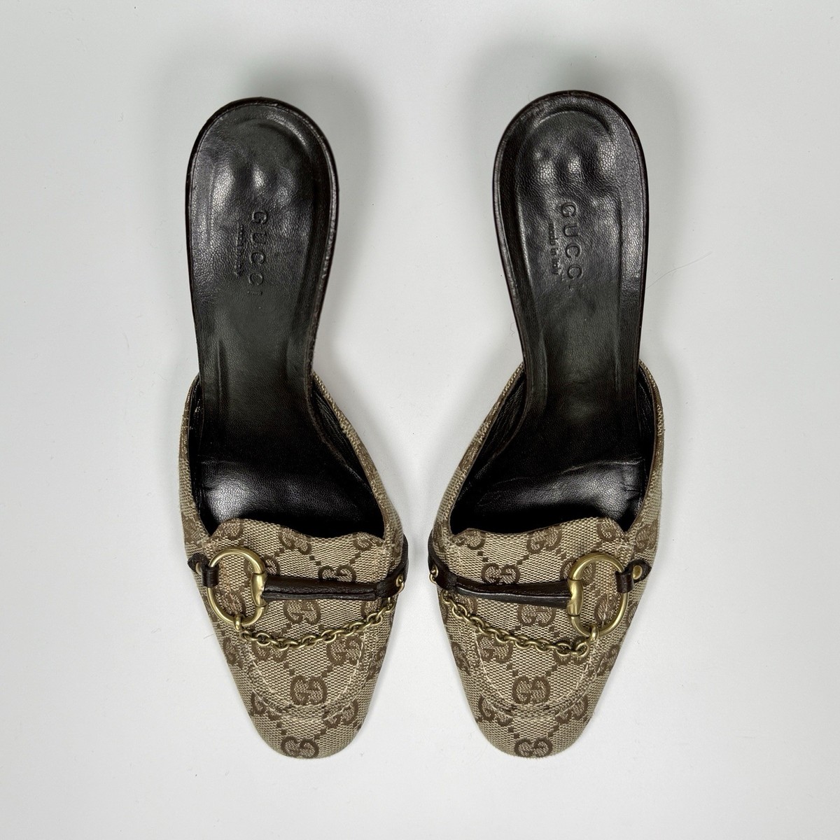 Vintage Gucci Monogram Horsebit Mule Heels in Beige / Brown / Gold
