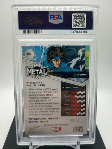 PSA 9 - Justice #25 PMG Blue 09/50 - 2024 Skybox Marvel Metal Universe Avengers - Picture 2 of 2