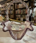FENTON PINK OPAL AMETHYST RIBBON CANDY EDGE BASKET SIGNED BILL & GEORGE FENTON
