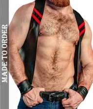 Men's genuine Leather Bartender Vest Cowhide Bar Vest Black  Red Leather Vest
