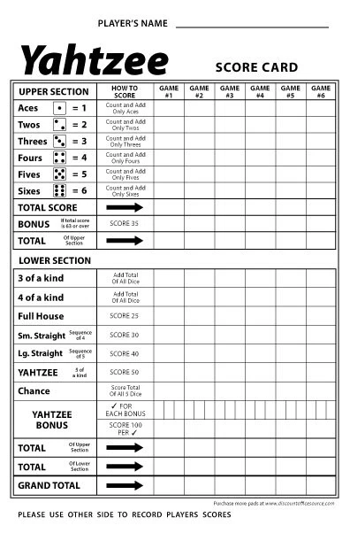 Yahtzee Score Card Pad Sheets Dice Game-Two-Sided (300 Sheets)--Printed in USA!! - Image 3 of 4