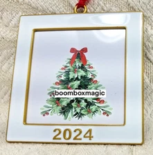2024 CHRISTMAS TREE ORNAMENT PHOTO PICTURE FRAME ENAMEL WHITE & GOLD SQUARE 2.5"