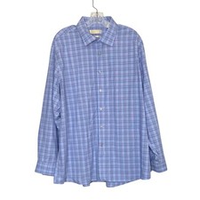 Michael Kors Button Down Shirt Mens 18 34/35 Regular Fit Non-Iron Plaid Blue