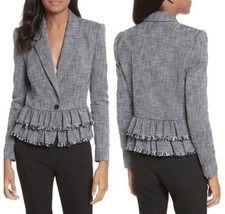 Rebecca Taylor Gray Tweed Peplum Blazer Jacket Ruffle Fringe Women  s Size 2