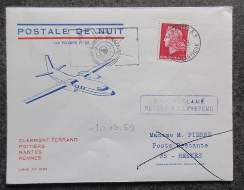 FRANCE letter POSTAL FLIGHT NIGHT by FOKKER in 1969 lot NQ347 48
