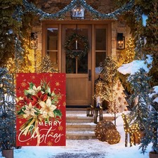 Merry Christmas Floral Snowflakes Red Garden Yard Flag Outdoor Gift 12"x18"