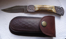 Damast Taschenmesser Etui Hirschhorn Handarbeit Sammler Messer Jagdmesser L22,5c