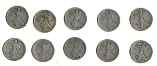 Lot of ten (10) 1917 circulated Walking Liberty half dollars