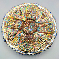 FENTON RARE 9 INCH BLUE- LOTUS & GRAPE PLATE ( TINY FLAKE ON ONE POINT)