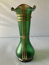 Antique Austrian Art Nouveau Gilt Metal Stones Green Glass Vase Loetz? Moser?