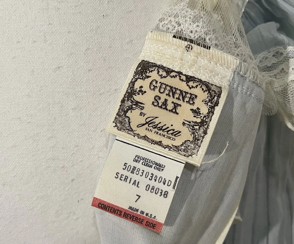 Vintage 70’s Gunne Sax Blue White Lace Ruffle Victorian Cottage Prairie Dress 7 - Image 3 of 4