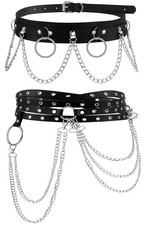 2 Pcs Black Leather Waist Chain Belt Womens Punk Waist Belly Chain Layered Go...