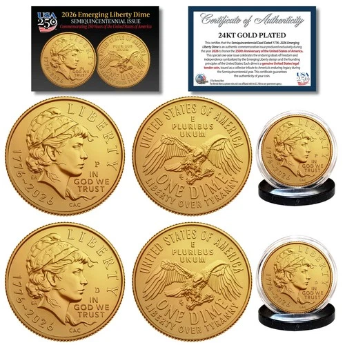 2026 P&D MINT 24K GOLD Plated Emerging Liberty Dime 2-Coin Set BU America 250