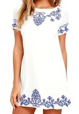 Lulus Tale to Tell Blue Ivory Embroidered Shift Dress Small Short Sleeve Boho