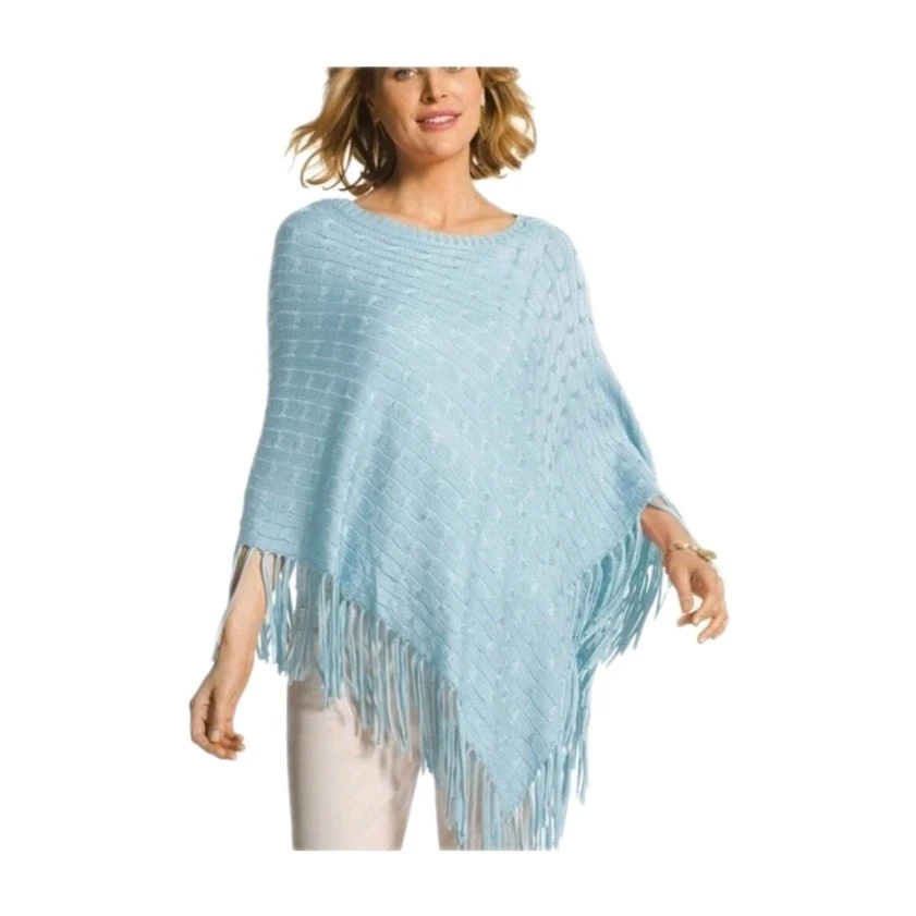 Chicos Colleen Cable Knit Asymmetrical Fringe Poncho One Size Frozen Aqua
Opens in a new window or t