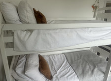 White Wooden Bunk Bed with Ladder, 2 Storage Drawers, trundle bed,