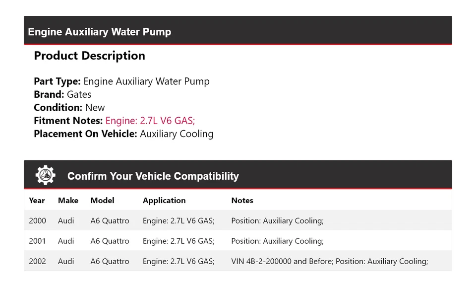Puertas auxiliares de bomba de agua para motor Audi A6 Quattro 2000-2002 2001 Foto 2 de 4