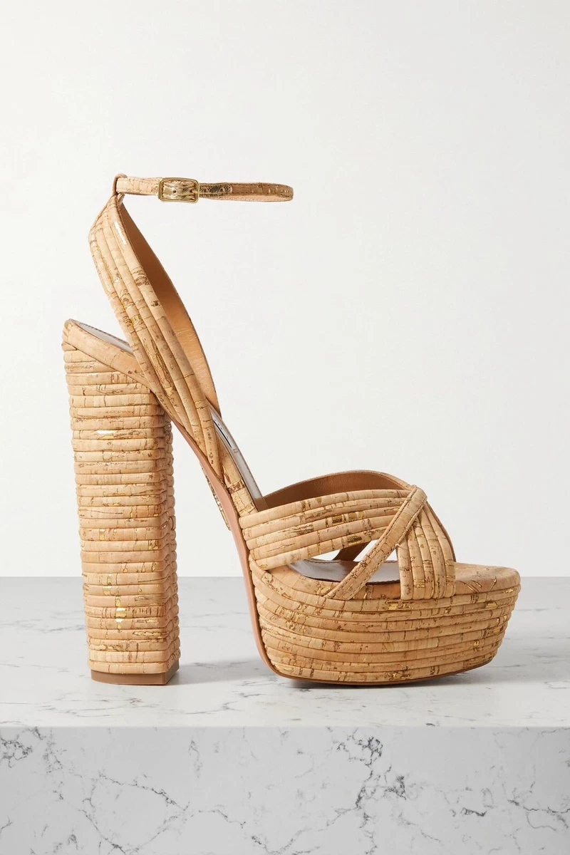 Aquazzura Sundance 140 Plateau Sandal Natural Raffia Heels 39 NIB