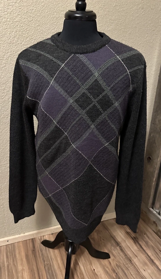 Volcom Sweater Men XL Black Gray Purple Plaid Long Sleeve Knit Cabincore Grandpa - Image 2 of 4