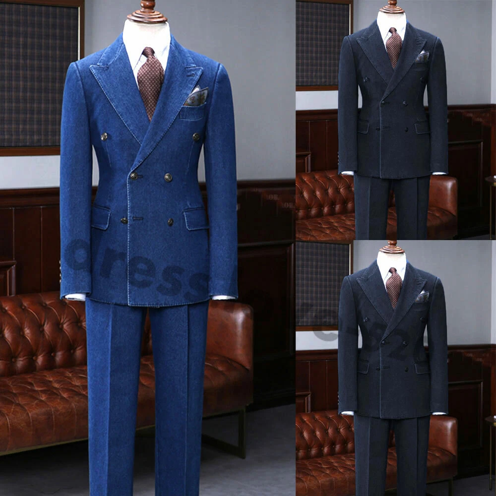 Denim 2Pcs Men's Suits Double-breasted Peak Lapel Wedding Tuxedos Formal Blazer