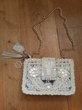 Image of Women's Vintage Look Beaded & Floral Fabric Hard Case Small Handbag Gold Chain
