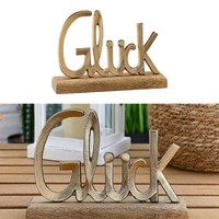 Schriftzug GlüCk Aufsteller 25X18X6,5 Mangoholz Aluminium Deko Tischdeko